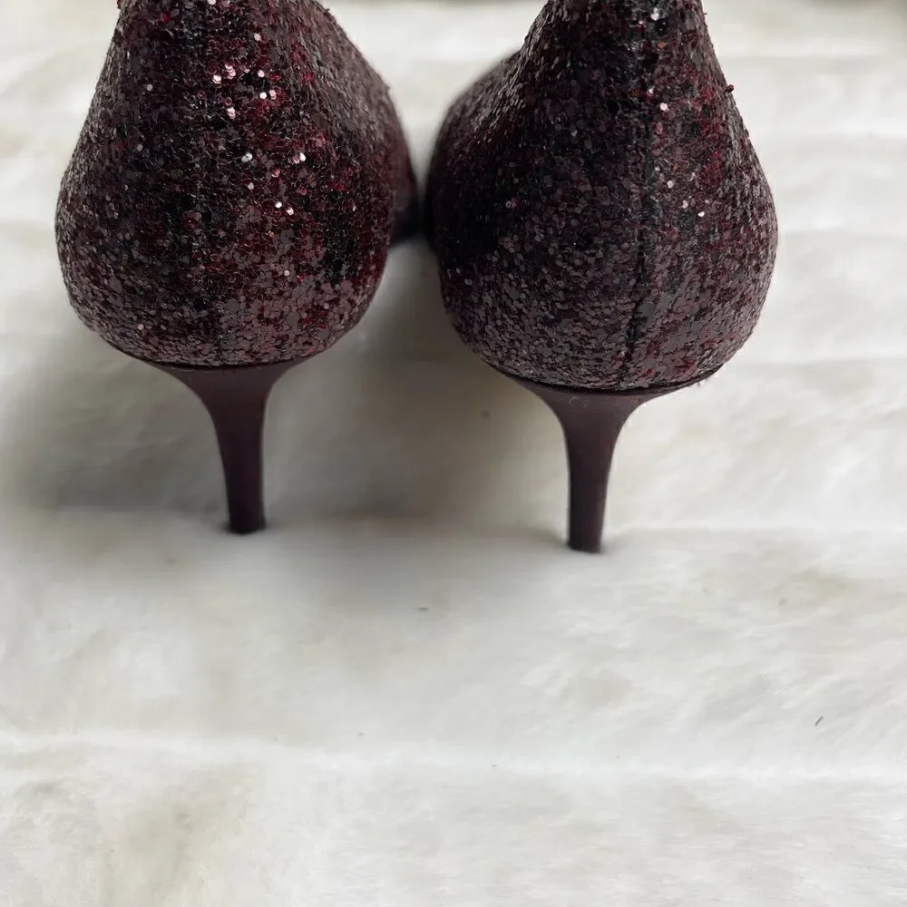 White House Black Market Burgundy wine glitter Satin heels pointed toe Size9.5M
